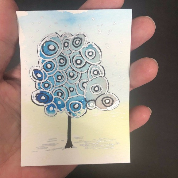 Original ACEO Miniature Watercolor Painting Metallic Winter Tree by Hope - Picture 1 of 4